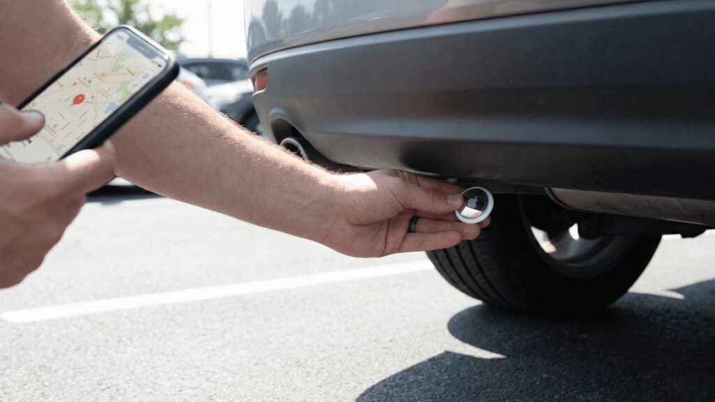 浮気調査のためにパートナーの車のバンパー裏にAirTag（エアタグ）を仕掛ける手元と、位置情報を確認するスマートフォン。違法行為やバレるリスクを伴う自己調査のイメージ。
