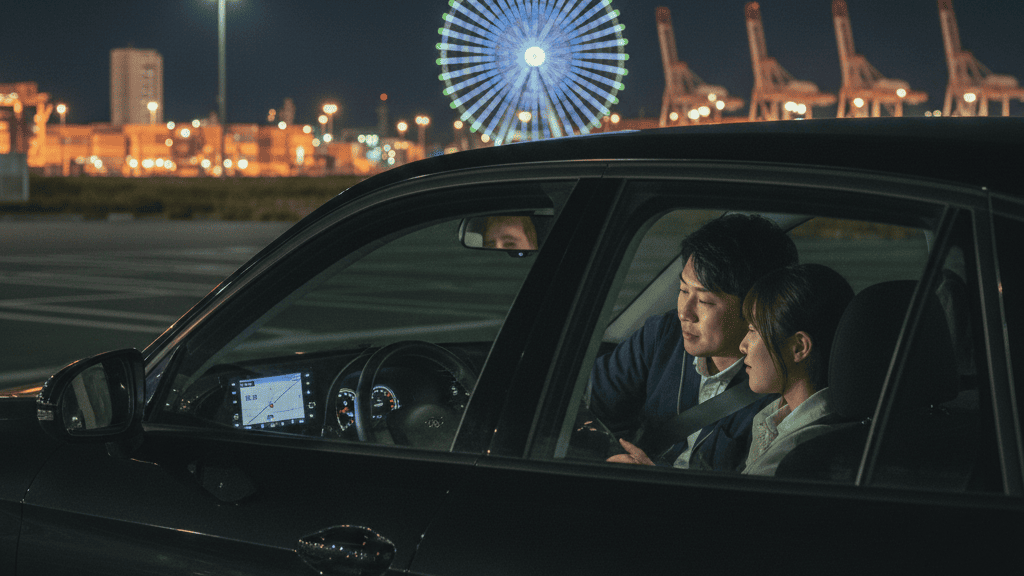 夜の大阪ベイエリア(咲洲周辺)を背景に、車内で親密な空気を漂わせる日本人の男女。カーナビの光が車内を照らし、遠くにはライトアップされた観覧車や港湾施設のクレーンが見える。目的地を告げない深夜のドライブや密会を象徴する一枚。