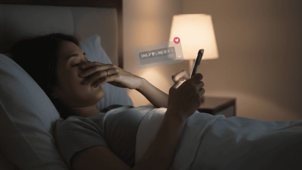 暗い寝室で、日本人女性がパートナーのスマートフォンに届いたSNSやLINEの通知画面を不安げに見つめている様子。画面にはハートマークの入った親密なメッセージが表示されており、サークル内での浮気がデジタル上の変化として現れた決定的な瞬間を表現したイメージ。