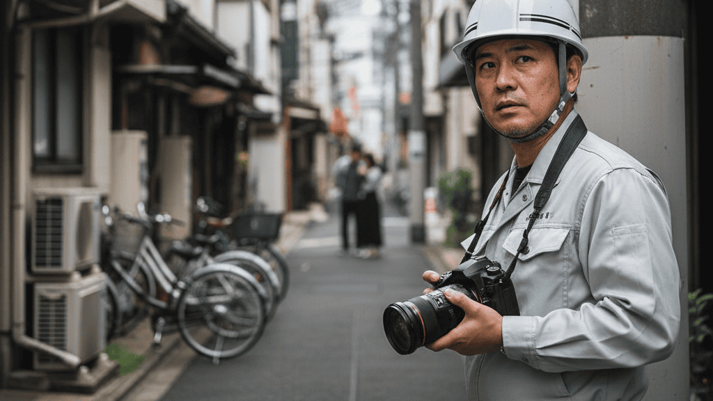 尼崎市内の入り組んだ住宅街の路地裏で、作業員を装い周囲に溶け込みながら一眼レフカメラで証拠撮影を行うプロの探偵。尼崎特有の複雑な地形での高度な調査風景。