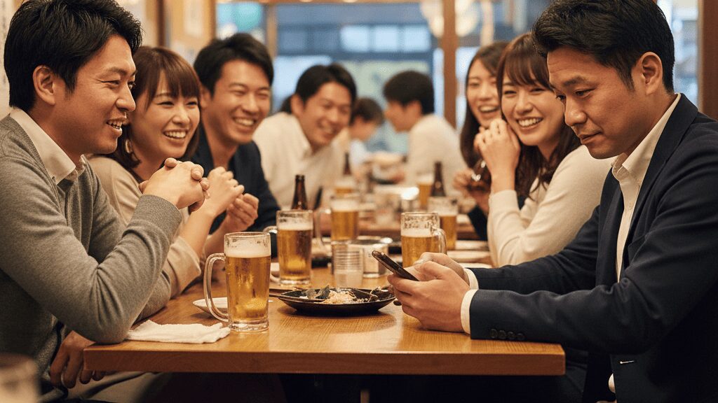 居酒屋で楽しそうに話す男女のグループ。しかし、その中の一人の日本人男性は、スマートフォンに視線を落とし、周囲の会話にはあまり参加せず、どこか上の空の様子。