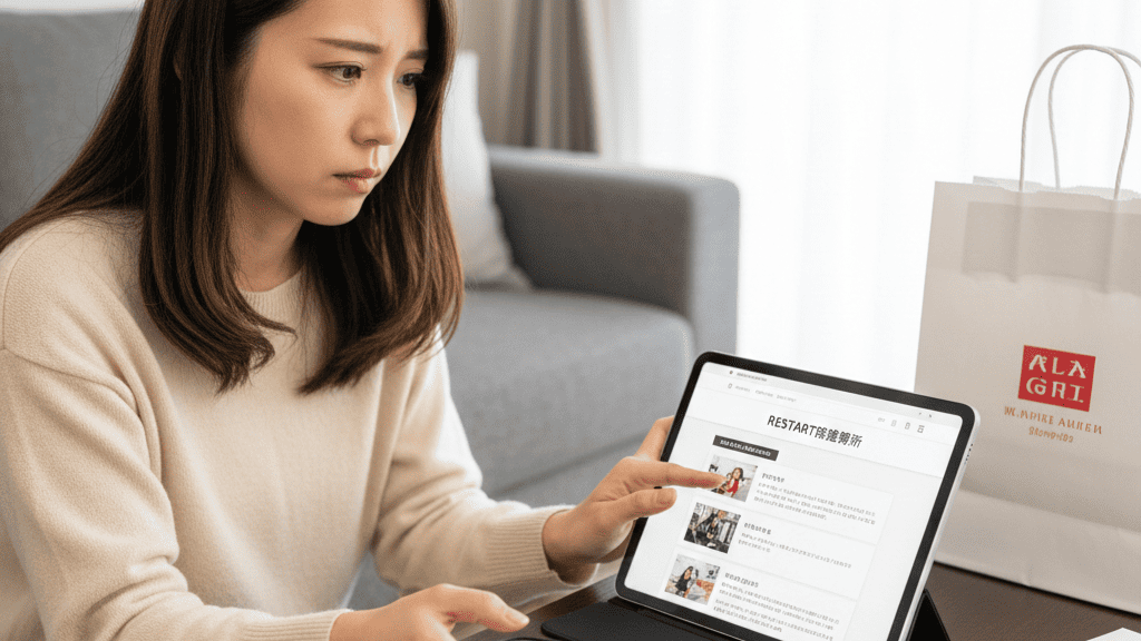 自宅のリビングで、パートナーの不審なレシートやスマートフォンの通知を前に、タブレットに表示された不倫セルフチェックリストを真剣な表情で確認する日本人女性。尼崎での浮気疑惑に向き合う様子。