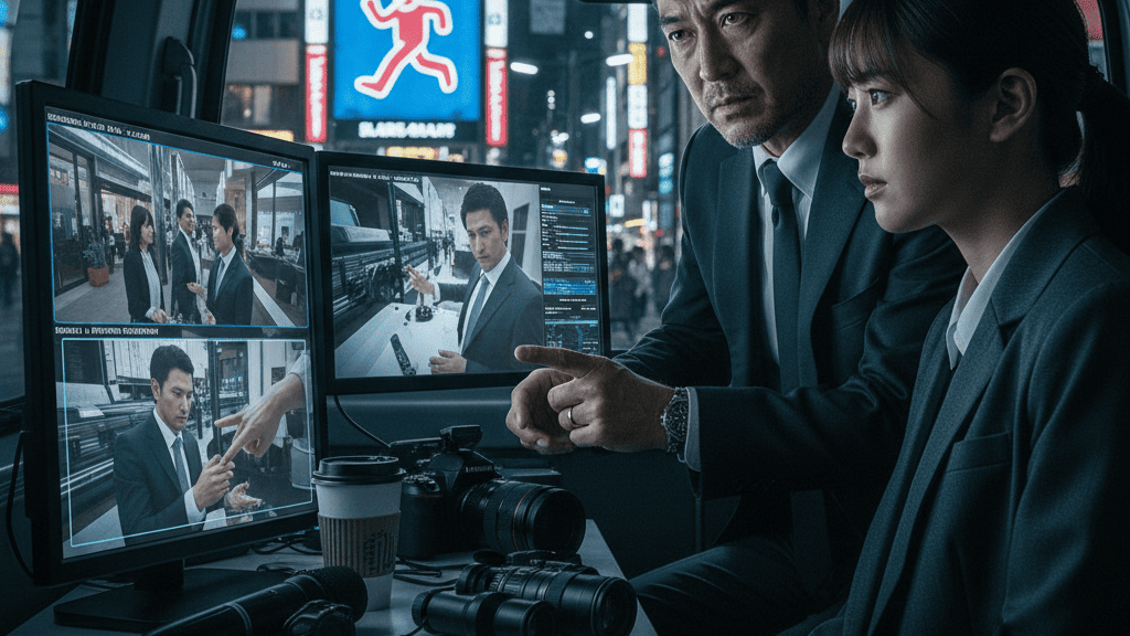 探偵事務所のような車内で、二人のプロの調査員がモニターを見ながら話し合っている。モニターには監視カメラの映像らしきものが映し出されており、背景には大阪のグリコの看板が見える。イベント当日の浮気調査の様子を伺わせる。