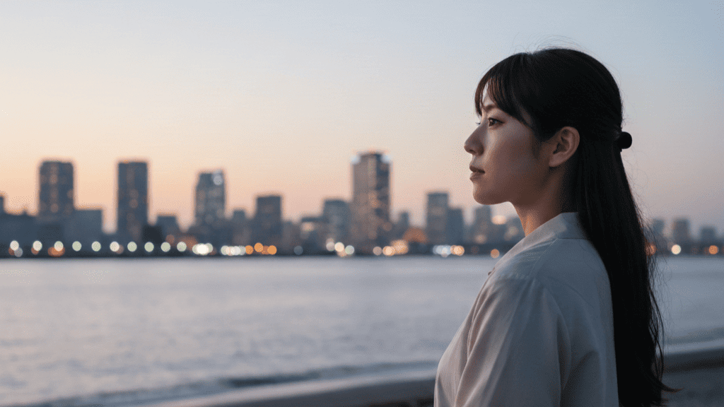 大阪ベイエリアの夕暮れの空の下、海岸線に立つ日本人女性。未来を見据えるような強い眼差しで、再スタートへの決意を秘めている様子。遠くには都市の光が見える。
