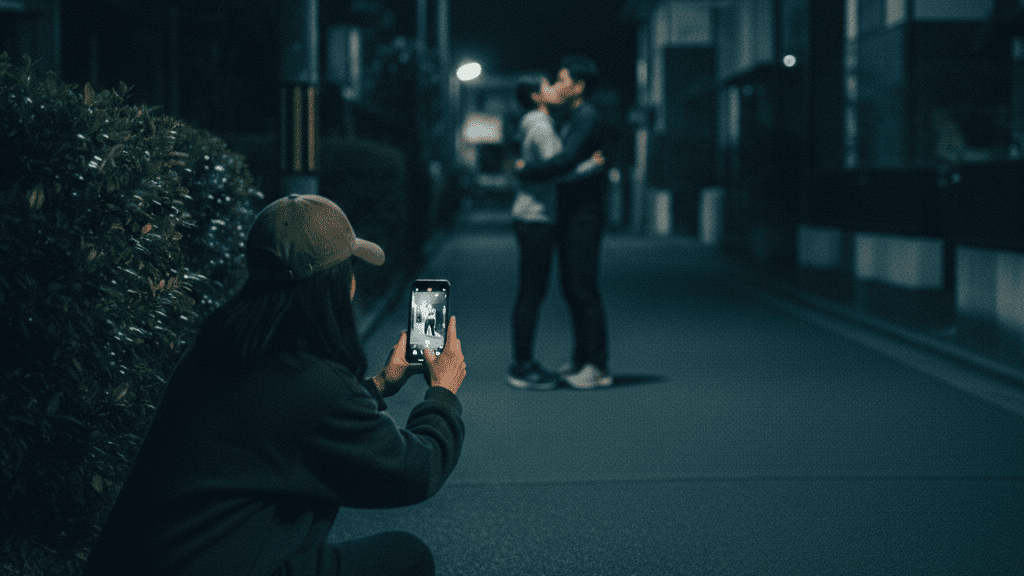 夜の住宅街の路上で、植え込みの陰に隠れながらスマートフォンのカメラで前方のカップルを撮影しようとする日本人女性の姿。プロの探偵ではない素人が自力で証拠を掴もうとして、相手に気づかれるリスクや法的トラブルに巻き込まれる危険性を象徴する、緊迫感のあるイメージ。