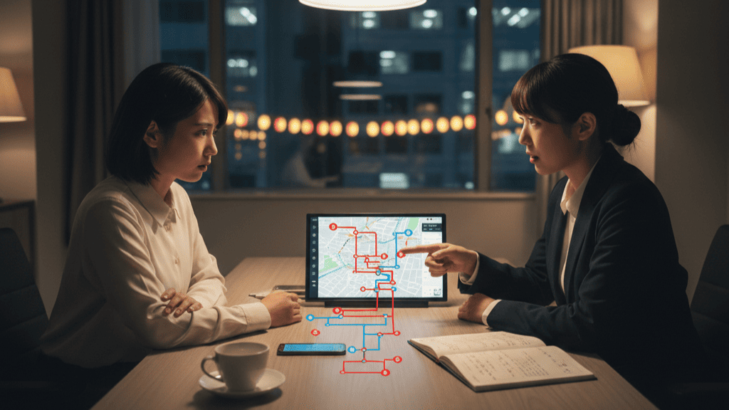 疑惑が確信に変わった瞬間の動揺と、次のステップへ踏み出す決意を秘めた女性の表情。
