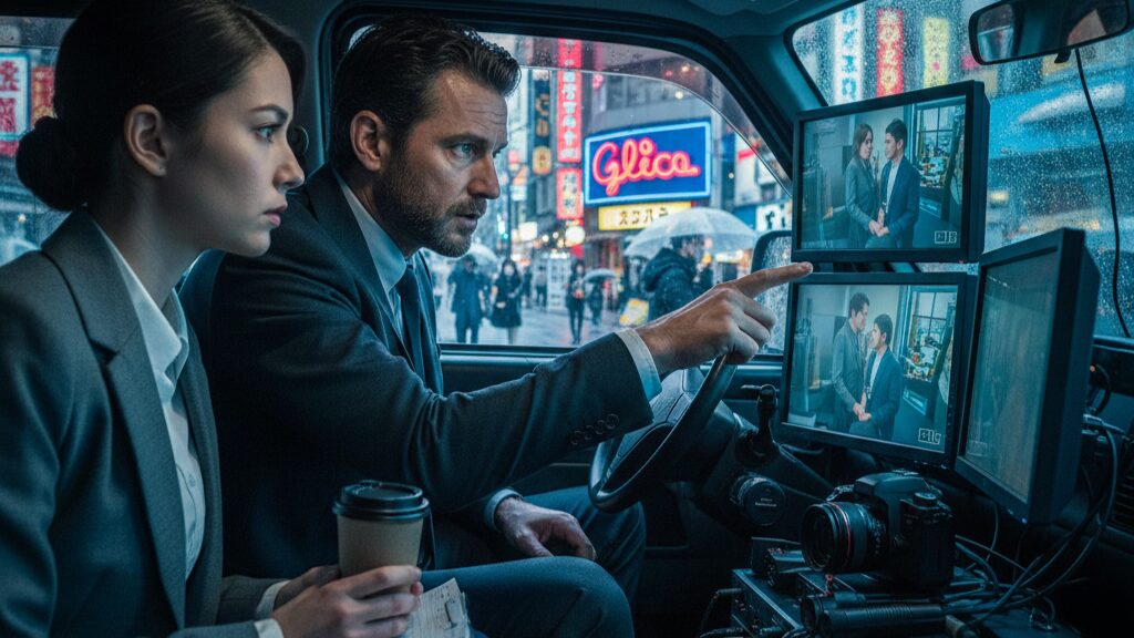 探偵事務所のような車内で、二人のプロの調査員がモニターを見ながら話し合っている。モニターには監視カメラの映像らしきものが映し出されている。イベント当日の浮気調査の様子を伺わせる。