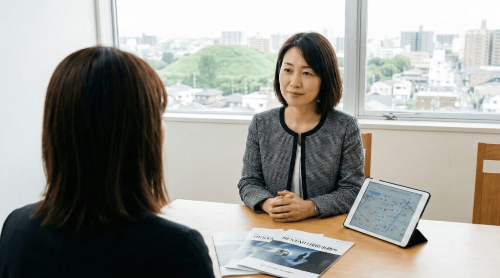 大阪市北区の探偵事務所で、浮気調査の依頼者に「真実を知る覚悟」と「違法調査のリスク」について優しく問いかけるカウンセラーのイメージ