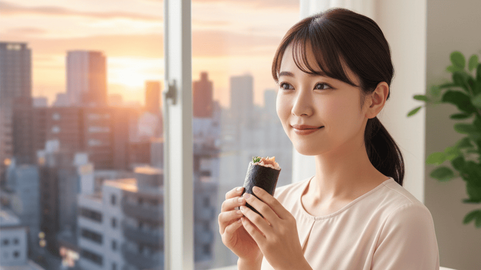 窓から差し込む春の柔らかな光の中で、節分の騒動を乗り越え、晴れやかな表情で前を向く女性。平穏な日常を取り戻した安心感の象徴。