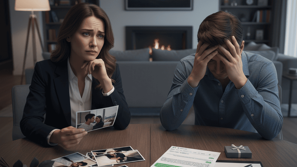 暗めの落ち着いた室内で、重苦しい空気に包まれながらテーブルを囲む男女。テーブルの上には不倫の証拠と思われる複数の写真やスマートフォン、バレンタインのギフト、そして今後の進退に関する書類が置かれている。女性は証拠写真を手にやりきれない表情を浮かべ、男性は頭を抱えて座り込んでおり、関係の修復か決別かの選択を迫られるシリアスな場面を表現している。