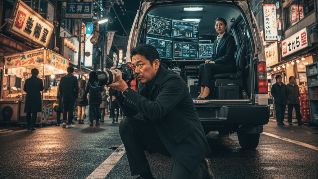 難波駅周辺や新世界エリアなど、浪速区特有の入り組んだ地形を熟知した調査員が、バイクや徒歩を駆使して迅速に追跡を行う機動力の表現。