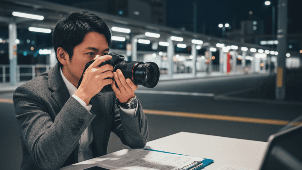 夜の中央線弁天町駅周辺を背景に、望遠レンズ付きカメラを構え、熱心に調査を行う探偵(日本人男性)。手前にはスマートフォンや調査報告書のような資料が見える。