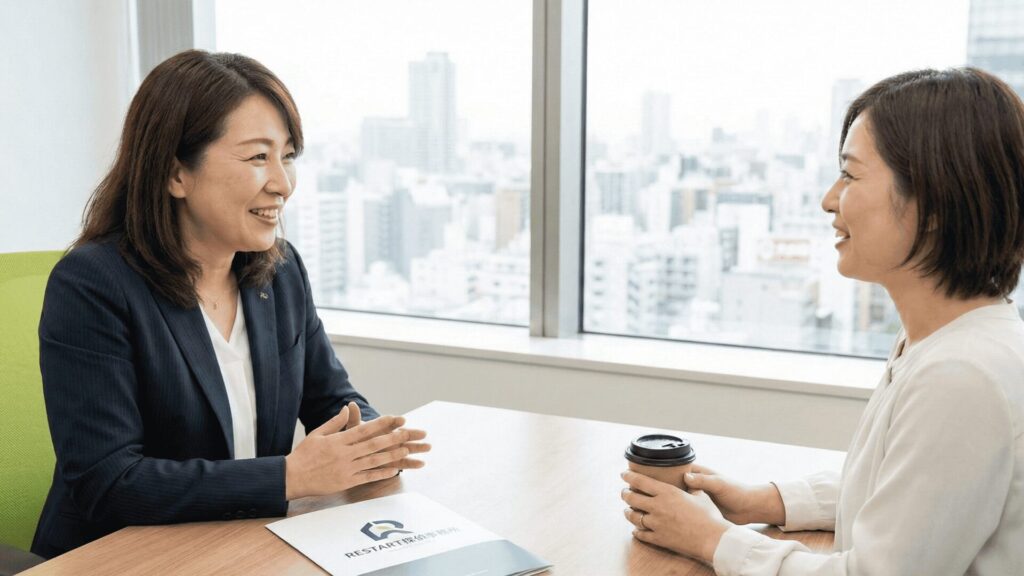 RESTART探偵事務所の落ち着いた相談室で、専門のカウンセラーが依頼者の女性の悩みを親身に聞いている様子。浮気調査の無料相談と、解決への第一歩を表すイメージ。