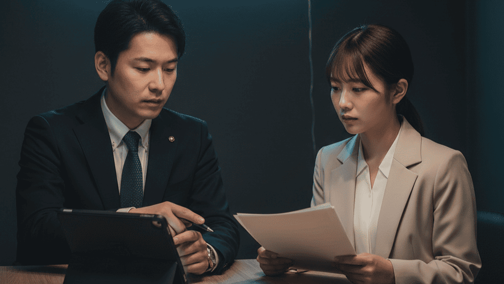 落ち着いた雰囲気の相談室で、RESTART探偵事務所のカウンセラーから調査報告書を受け取る日本人女性。