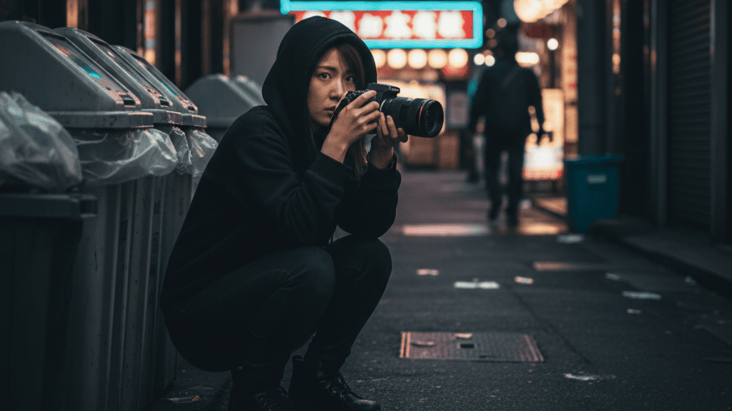 大阪の夜の路地裏で、フードを被った女性がカメラを構え、何かを隠し撮りしている。背景にはネオンサインが輝き、ゴミ箱が置かれている。自身で浮気調査を行うことのリスクと注意点を暗示している。