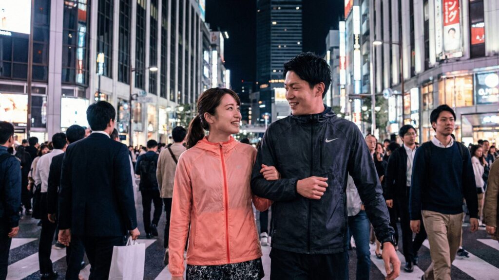 大阪の繁華街の夜道を、ランニングウェア姿で腕を組んで親密そうに歩くカップル。公園以外の隠れたランニングデートスポットのイメージ。