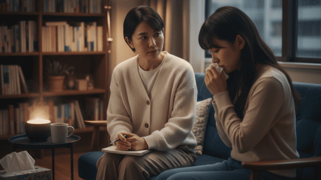 落ち着いた雰囲気のカウンセリングルームで、真剣な表情で話を聞く日本人女性のカウンセラー。その隣には、不安げな表情で俯く相談者の姿が少しだけ見える。