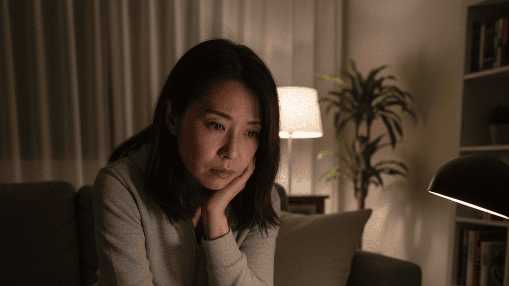 夜の室内で、スマートフォンの画面を厳しい表情で見つめる日本人女性。