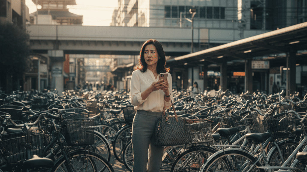 尼崎市内の大規模な駐輪場を背景に、周囲を警戒しながらスマートフォンを操作する日本人女性。不倫のサインとされる「不自然な移動手段の変化」や「密会の待ち合わせ」を想起させる風景。