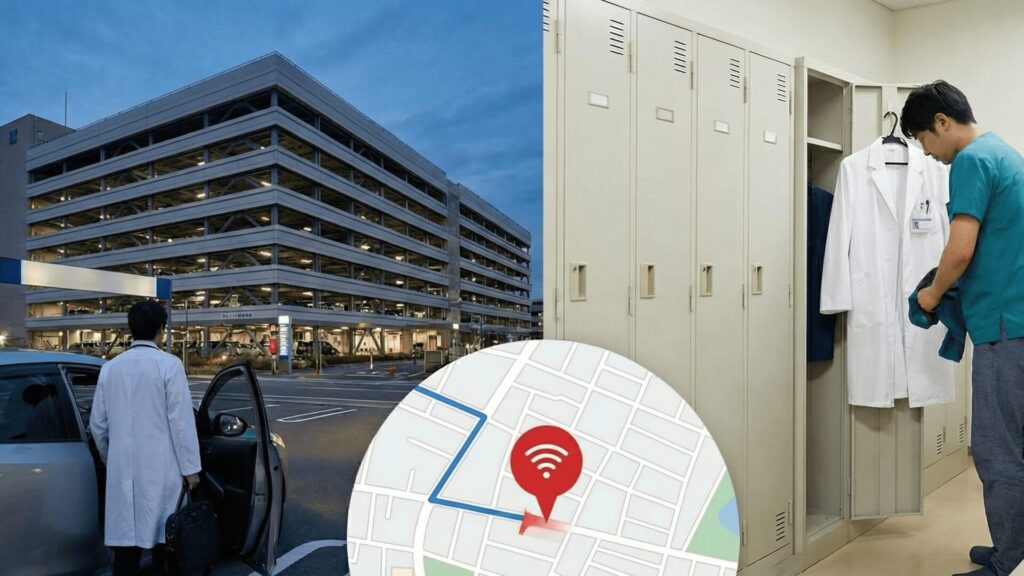 大阪市北区の病院駐車場で、車内で白衣から私服に着替える医療従事者。GPS追跡の盲点となる状況のイメージ