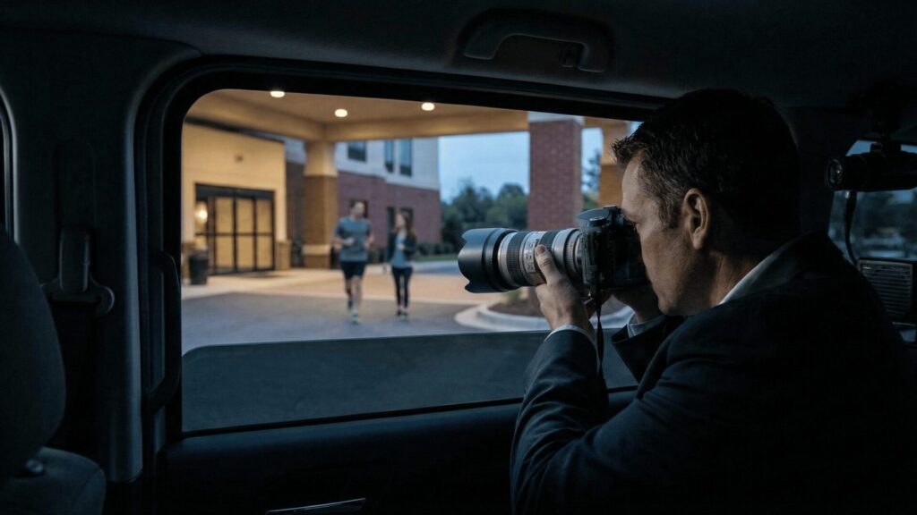 夜間の車内から望遠レンズ付きカメラを構え、浮気現場の証拠を撮影する探偵の様子。自力調査では難しいプロの張り込みと撮影技術のイメージ。