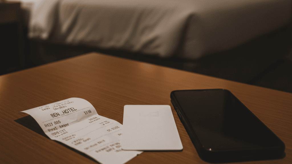 ホテルの一室で、テーブルに置かれたホテルの鍵とレシート、スマートフォン。隣には、少し乱れたベッドが見え、浮気の現場を暗示する。