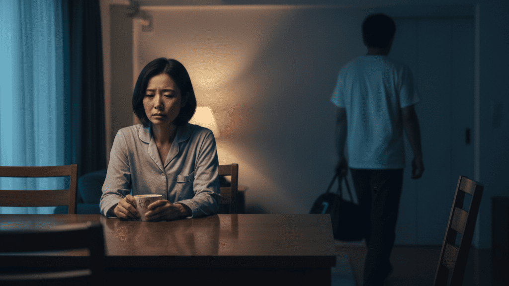 深夜の静まり返ったリビングで、一人食卓に座り込み、悲しみと不安に沈む日本人女性。その背後では、スポーツバッグを持ったパートナーの男性が無機質な背中を向けて部屋を出ていこうとしており、マラソン不倫によって心の距離が完全に離れてしまった夫婦の危機的状況を象徴するイメージ。
