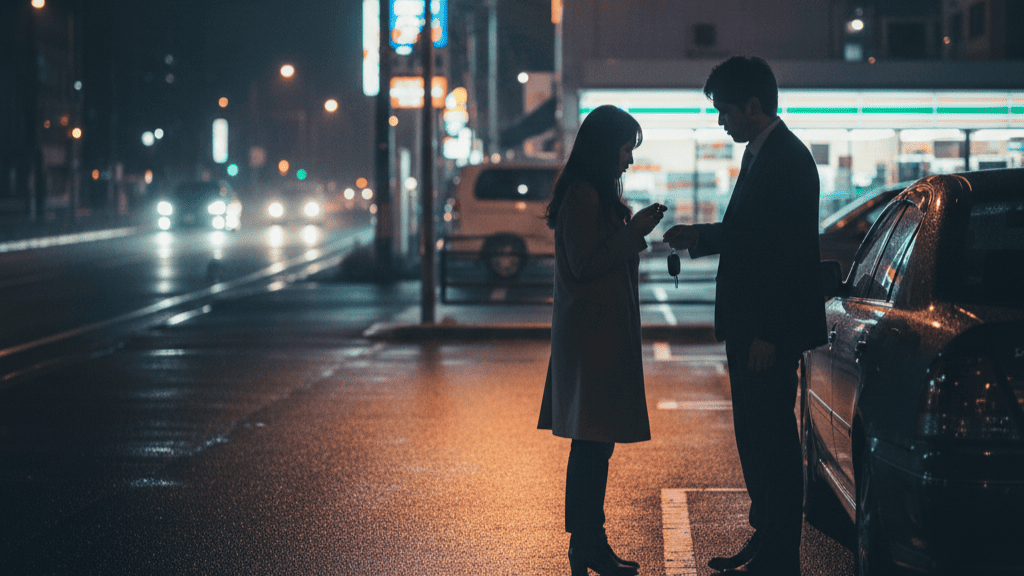 夜の尼崎市内、国道沿いのロードサイドで密会する男女のシルエット。背後にはラブホテルのネオン看板やコンビニエンスストアが並び、車対車での待ち合わせや「不倫の温床」を想起させる夜の風景。