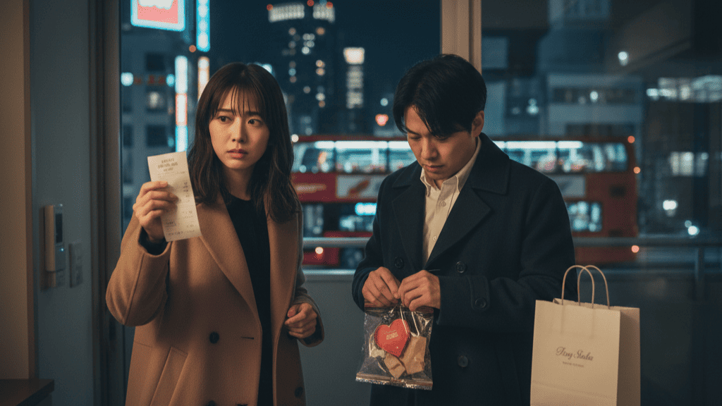 大阪の夜景が見える窓際で、女性がレシートを険しい表情で見つめている。男性はバレンタインのギフトバッグからチョコレートを取り出しており、その表情にはどこか気まずさが感じられる。女性が男性の言い訳を見抜こうとしている様子が伺える。