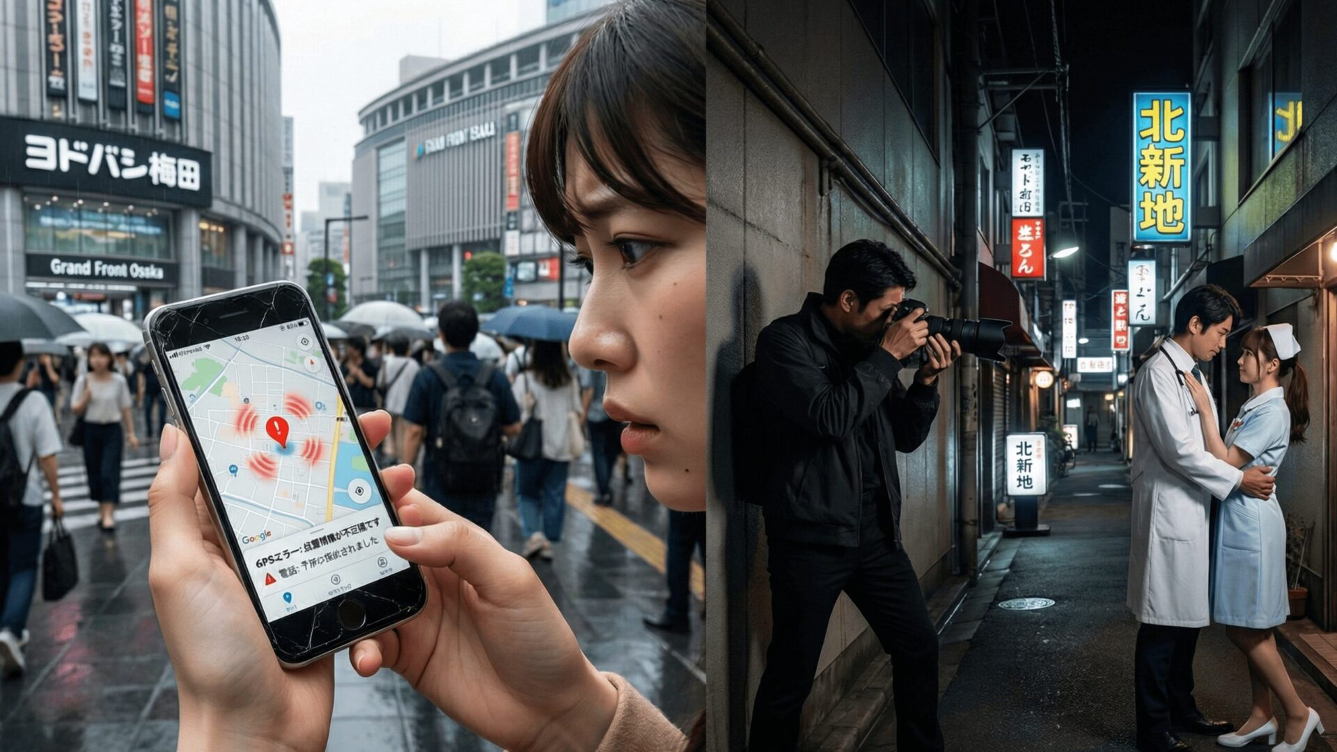 大阪市北区（梅田）でのGPS調査の危険性を示すスマホ画面と、北新地で医療職の浮気現場を撮影するプロの探偵の対比イメージ