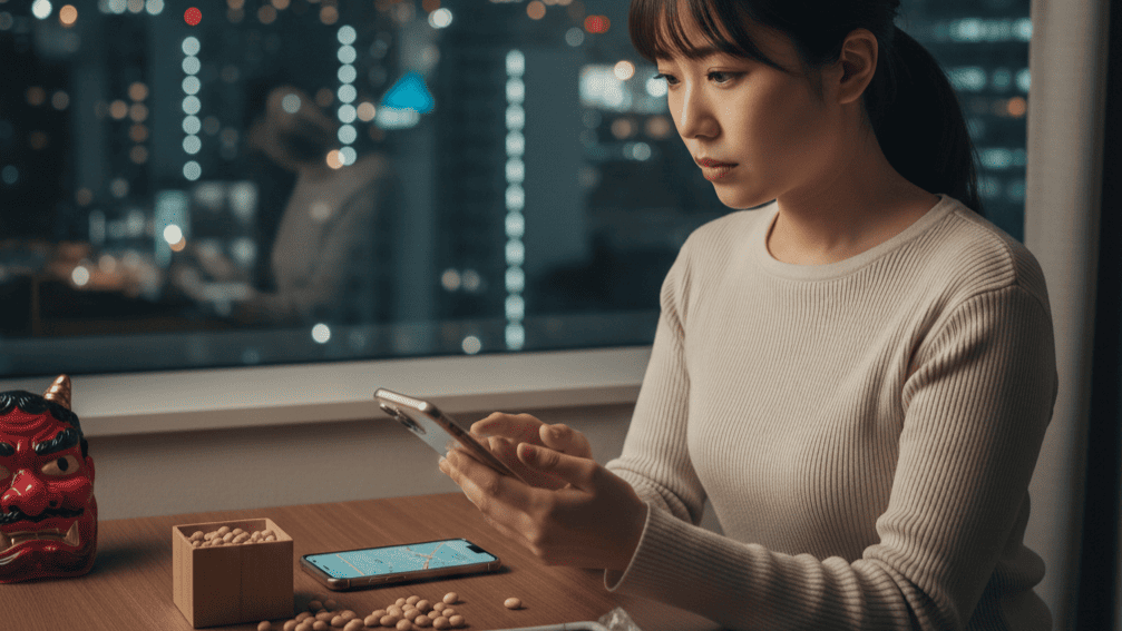 大阪市浪速区の夜景を背に、節分の夜にパートナーの浮気を疑いながら葛藤する日本人女性のイメージ。