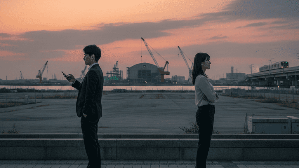 夕暮れの大阪ベイエリアを背景に、背中合わせで立つ日本人男女。男性はスマートフォンを操作し、女性は腕を組み、互いに視線を交わさない。遠くには建設中のクレーンや大阪メトロ中央線の車両が見え、万博ロスと心のすれ違いを象徴する。