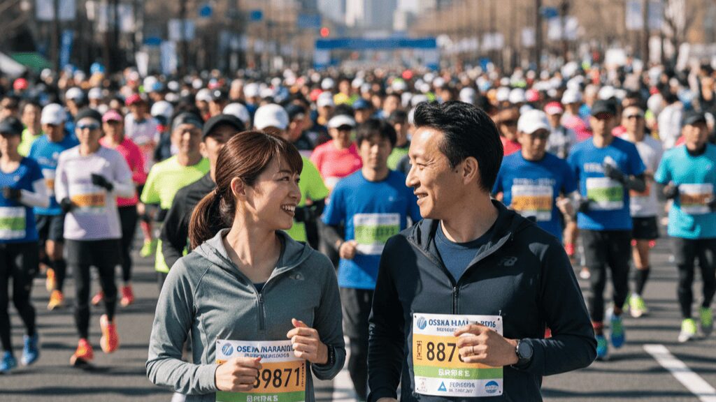 大阪マラソン2026の大会会場で、多くのランナーに紛れて親密そうに並走し、笑顔で見つめ合う日本人男女の不倫カップルのイメージ。背景には大阪城と御堂筋を彷彿とさせる都市景観が広がり、ランニングサークル内での浮気を象徴する一枚。