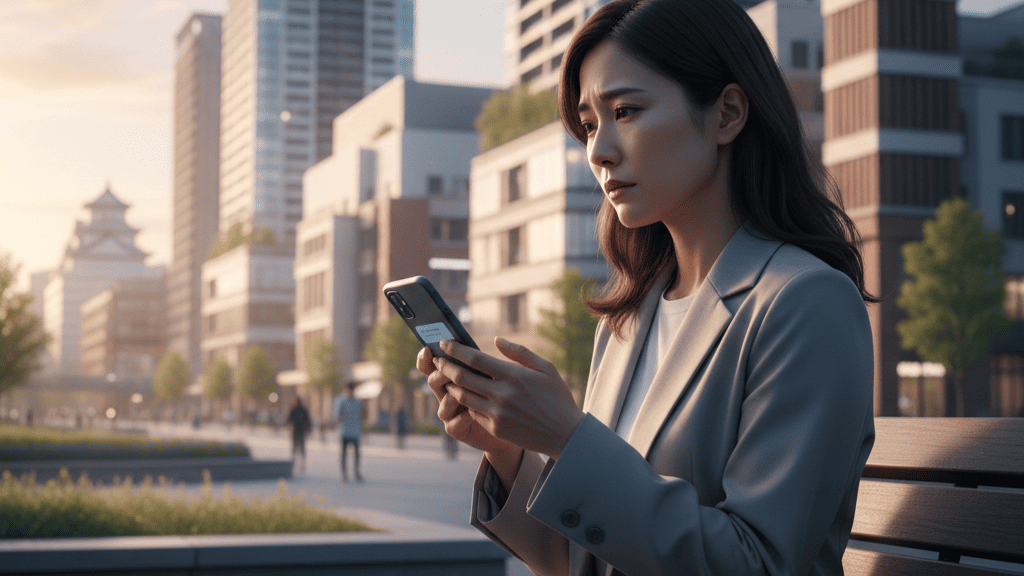 尼崎駅周辺の近代的な街並みを背景に、ベンチで不安そうにスマートフォンを操作する日本人女性。尼崎市での不倫問題やパートナーの浮気に悩む様子。
