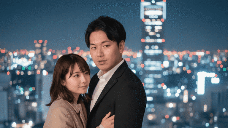 大阪梅田の美しい夜景を背に、寄り添って歩くバレンタインデート中の日本人カップル。