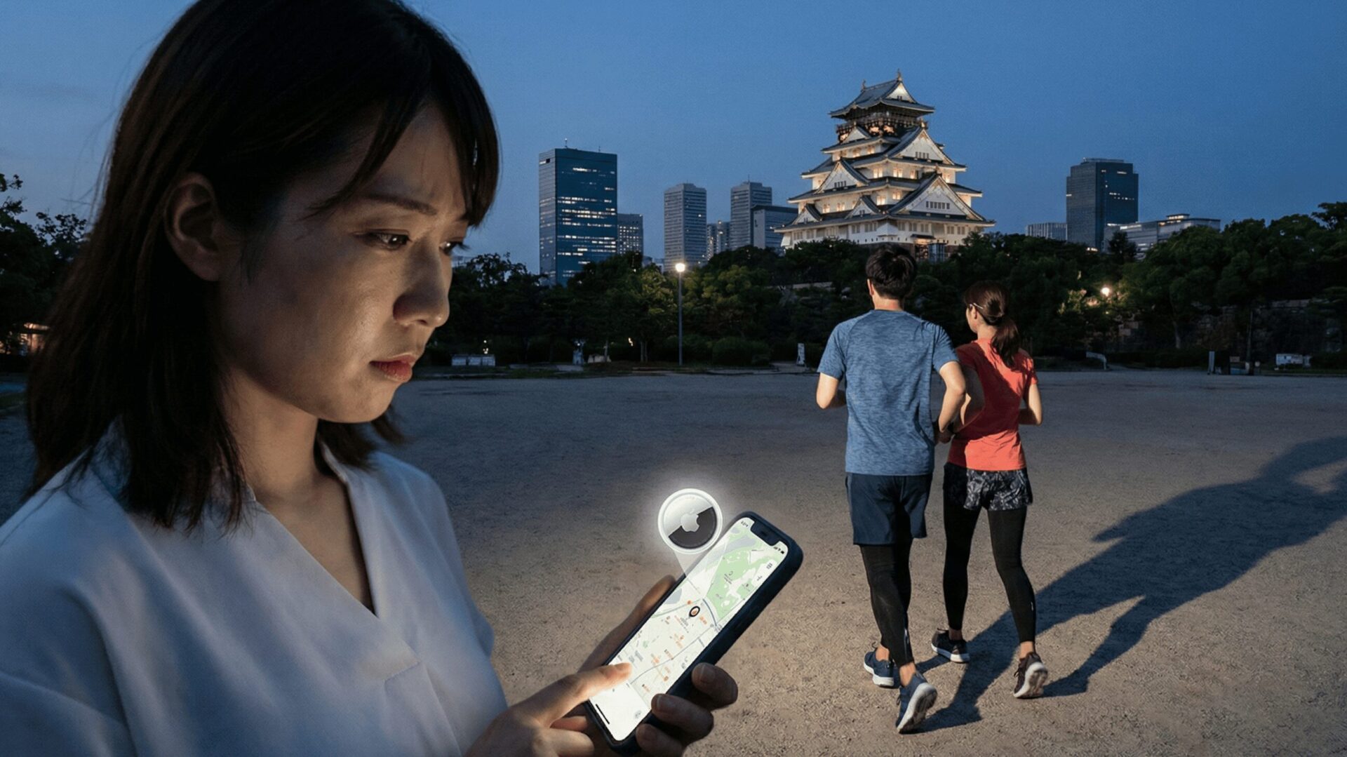 大阪城公園で夜景をバックに走る男女と、手前でスマートフォンのAirTag位置情報を不安そうに見つめる女性。大阪市でのランニング浮気とAirTag調査のリスクを象徴するイメージ。