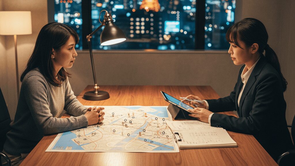 探偵社の料金表や契約書を慎重に確認しながら、浪速区周辺で適正価格かつ信頼できる業者を見極めるためのチェックポイントを示すイメージ。