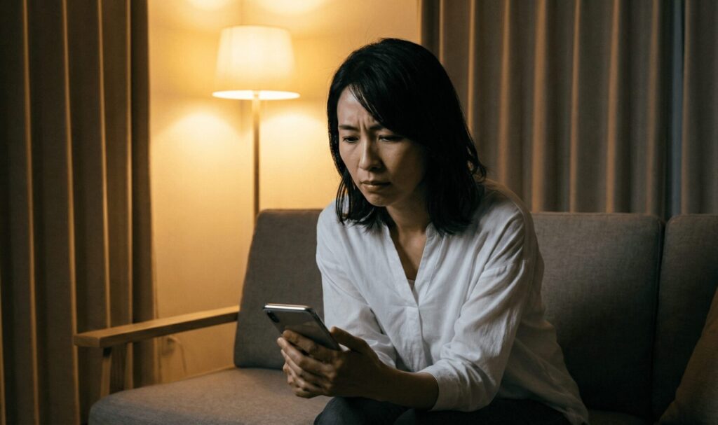 夫の趣味不倫を疑い、スマートフォンを見て悩む女性