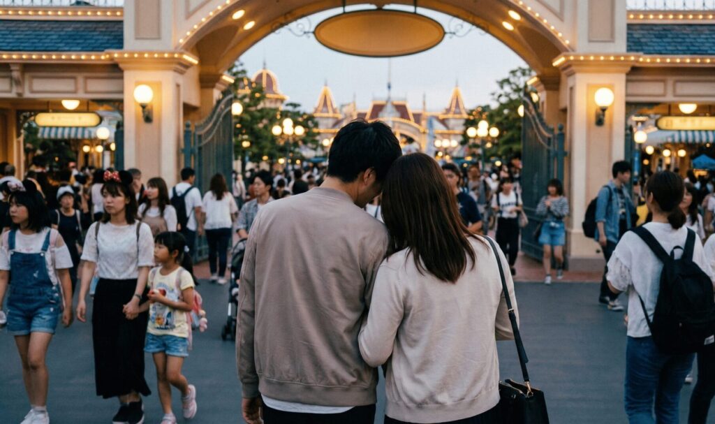 ディズニーシーの入り口で密会するW不倫カップルの後ろ姿