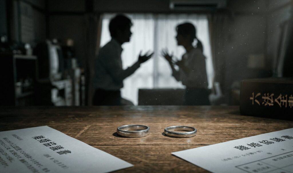 W不倫による複雑な家庭崩壊のリスクを象徴する結婚指輪