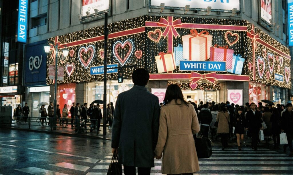 池袋のデパート前を歩く不倫カップルの後ろ姿