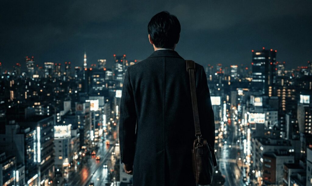 夜の街を見つめ、依頼者に想いを馳せる探偵事務所の調査員