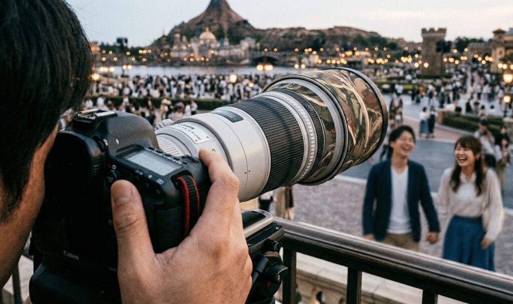 ディズニーシーでの浮気調査を遠くから行う探偵の視点