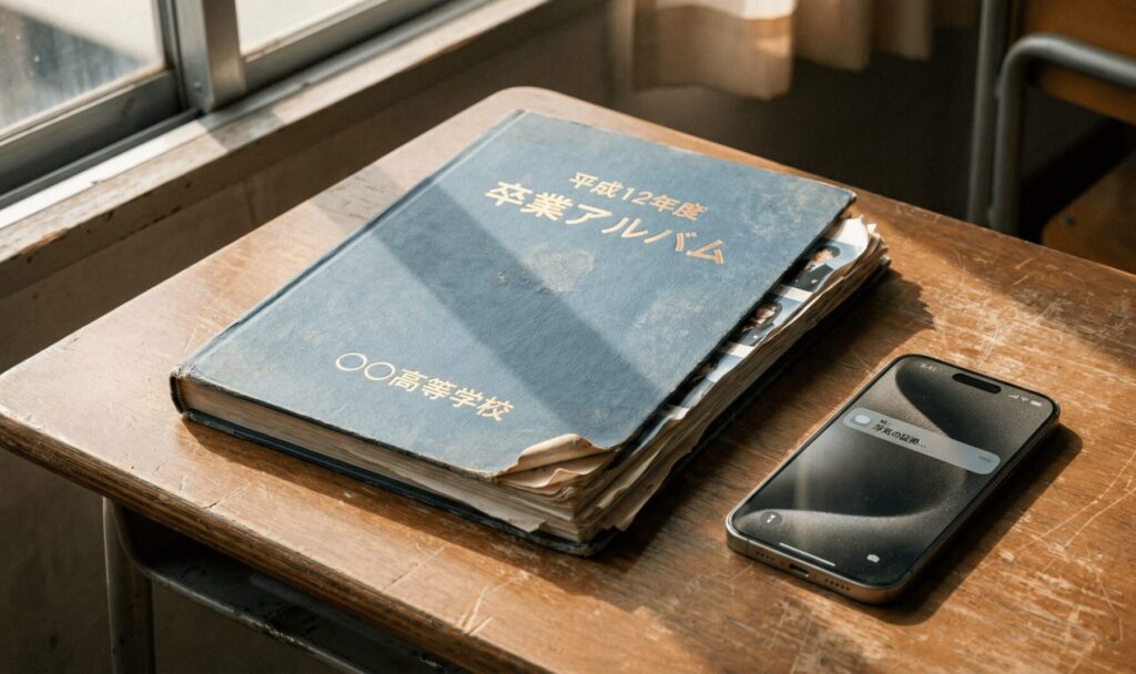 同級生不倫を象徴する卒業アルバムとスマートフォンのイメージ