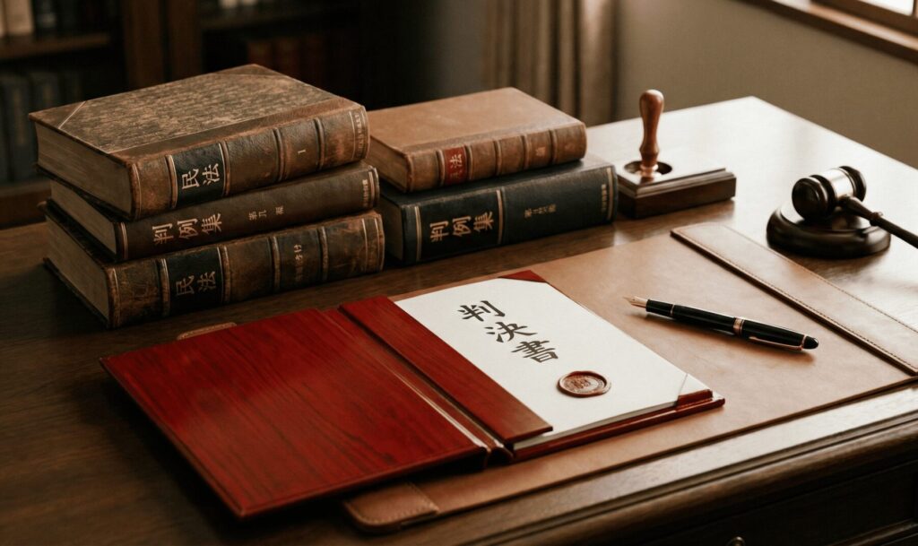 慰謝料請求のための法的知識を象徴する法律書と書類