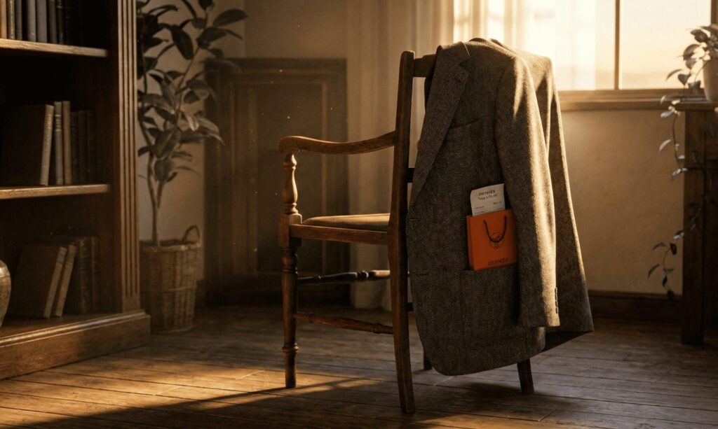 ジャケットのポケットから覗く不審なプレゼント袋とレシート