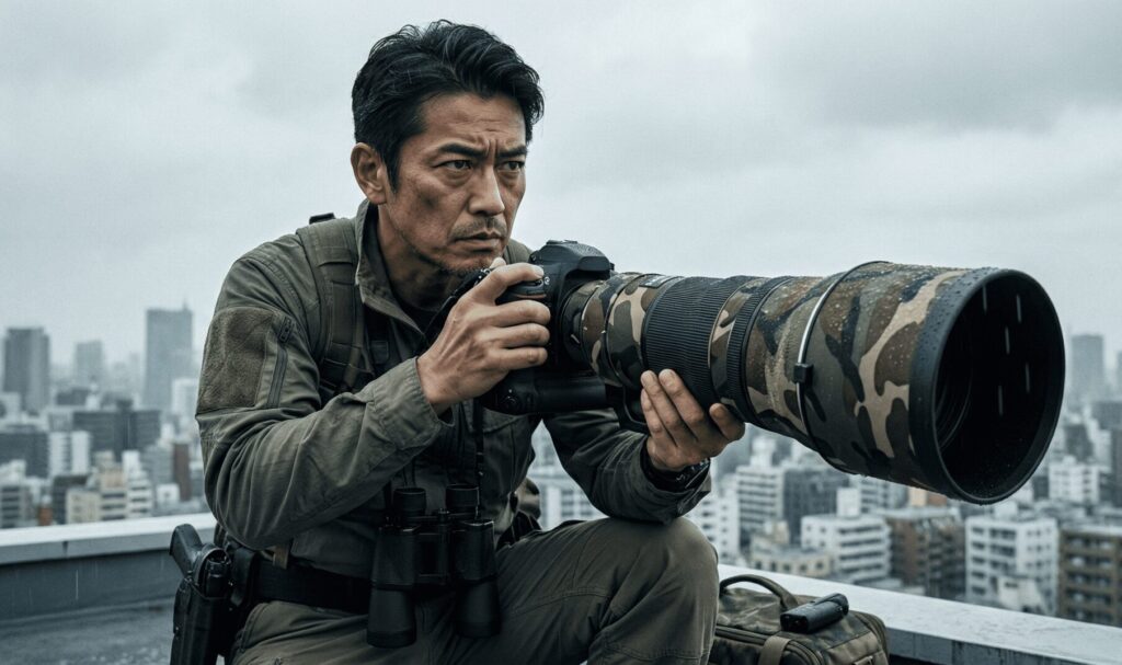 高性能カメラで不倫の証拠を撮影するプロの探偵