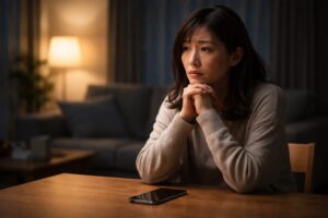 夜のリビングでテーブルに置いたスマートフォンを前に、将来を考え込むような表情で座っている30代の日本人女性