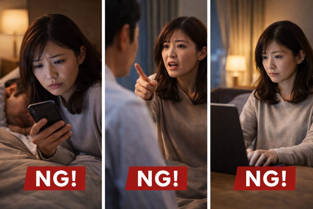 自宅でスマートフォンを確認したり夫に強く問い詰めたりするなど、感情的な行動を取ってしまう30代の日本人女性の様子