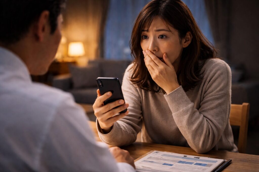 夜のダイニングテーブルでスマートフォンを見つめながら不安そうな表情を浮かべる30代の日本人女性の様子